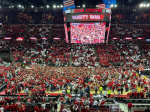 Fans storm the Kohl Center court after Wisconsin beat Michigan State, 92-71, on Feb 13.